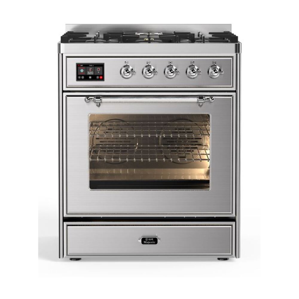 ILVE Majestic II 30” Dual Fuel Range 5 Sealed Burners, Triple Glass Door, Stainless Steel, Chrome Knobs-LP