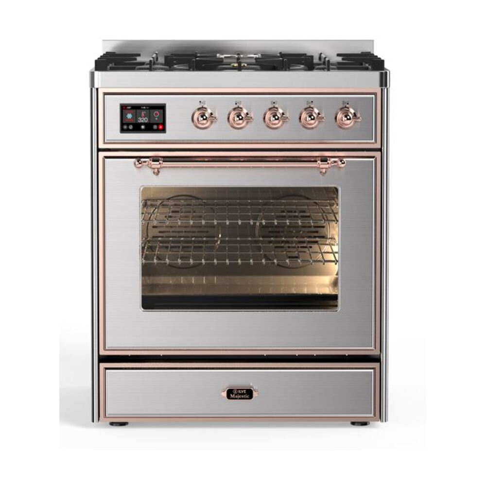 ILVE Majestic II 30” Dual Fuel Range 5 Sealed Burners, Triple Glass Door, Stainless Steel, Copper Knobs-LP