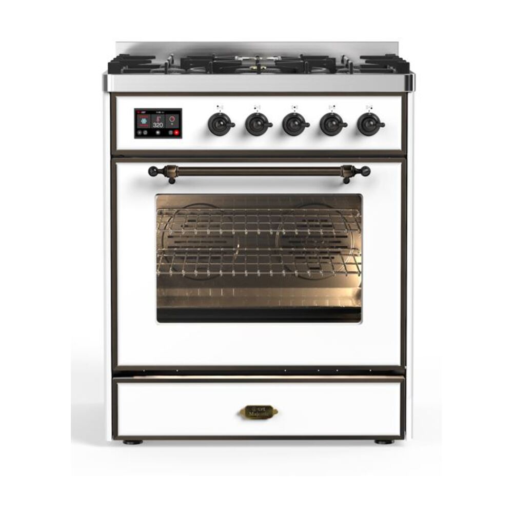 ILVE Majestic II 30” Dual Fuel Range 5 Sealed Burners, Triple Glass Door, White, Burnished Knobs-LP