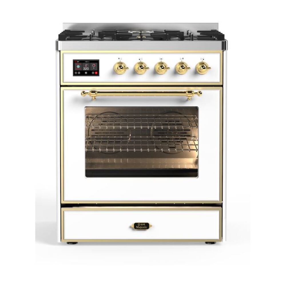ILVE Majestic II 30" Dual Fuel Range 5 Sealed Burners, Triple Glass Door, White, Brass Knobs-Natural Gas