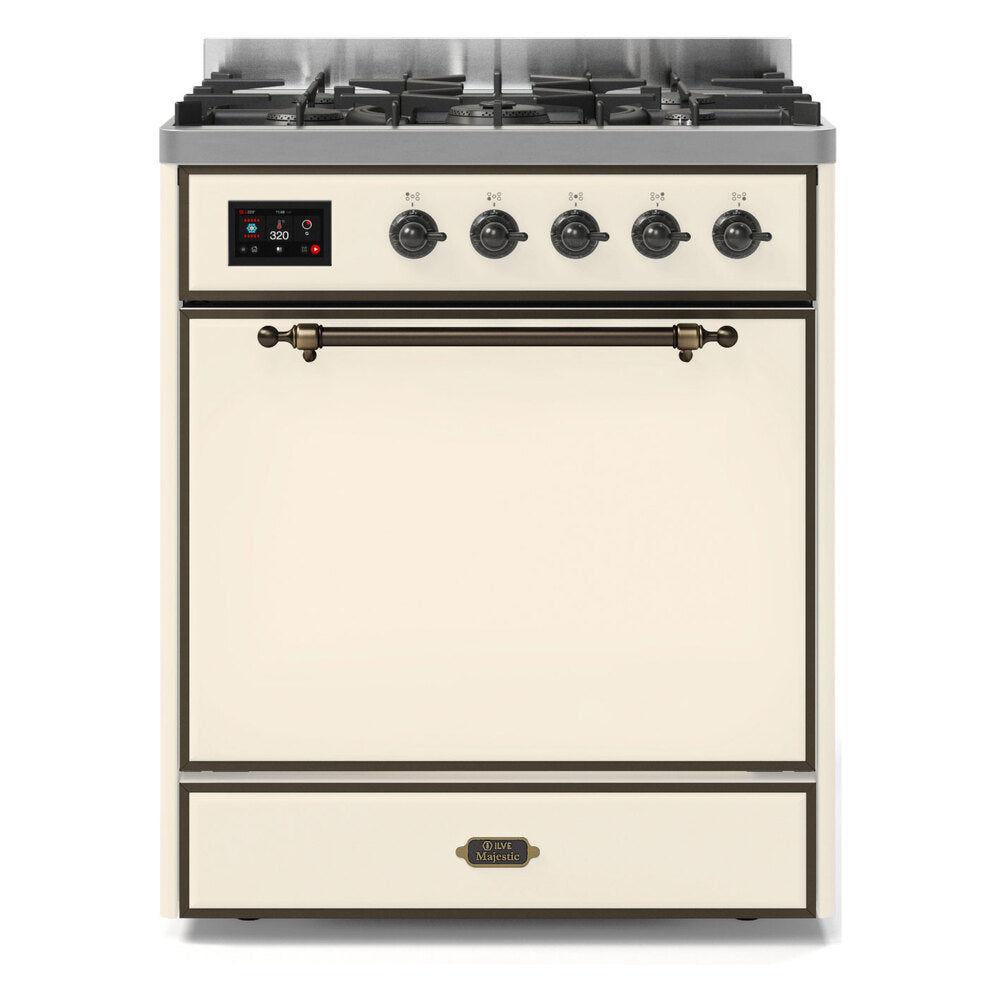 ILVE Majestic II 30" Dual Fuel Range 5 Sealed Burners, Solid Door, Antique White, Burnished Knobs-Natural Gas