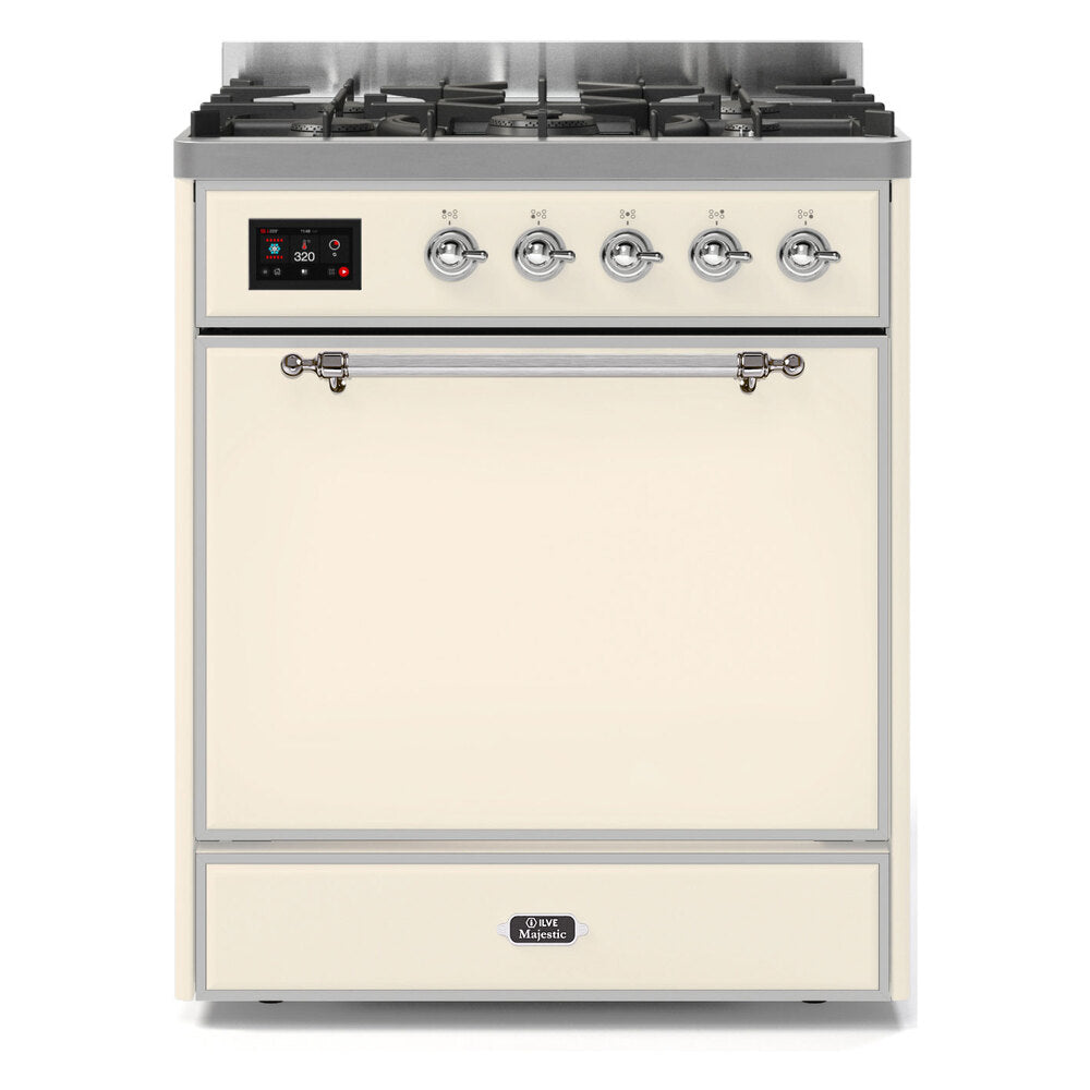 ILVE Majestic II 30” Dual Fuel Range 5 Sealed Burners, Solid Door, Antique White, Chrome Knobs-LP