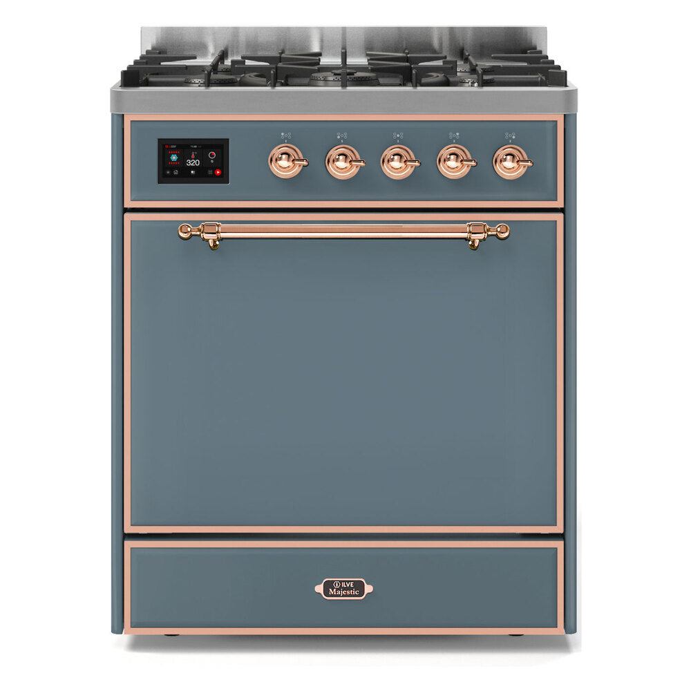 ILVE Majestic II 30” Dual Fuel Range 5 Sealed Burners, Solid Door, Blue Grey, Copper Knobs-LP