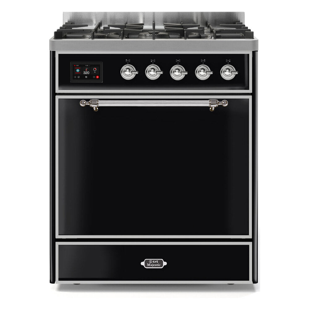 ILVE Majestic II 30" Dual Fuel Range 5 Sealed Burners, Solid Door, Glossy Black, Chrome Knobs-Natural Gas