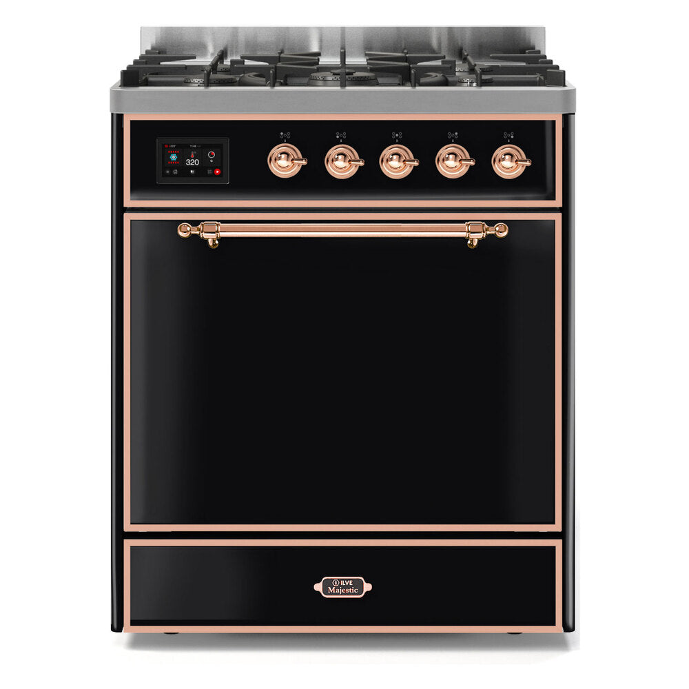 ILVE Majestic II 30" Dual Fuel Range 5 Sealed Burners, Solid Door, Glossy Black, Copper Knobs-Natural Gas