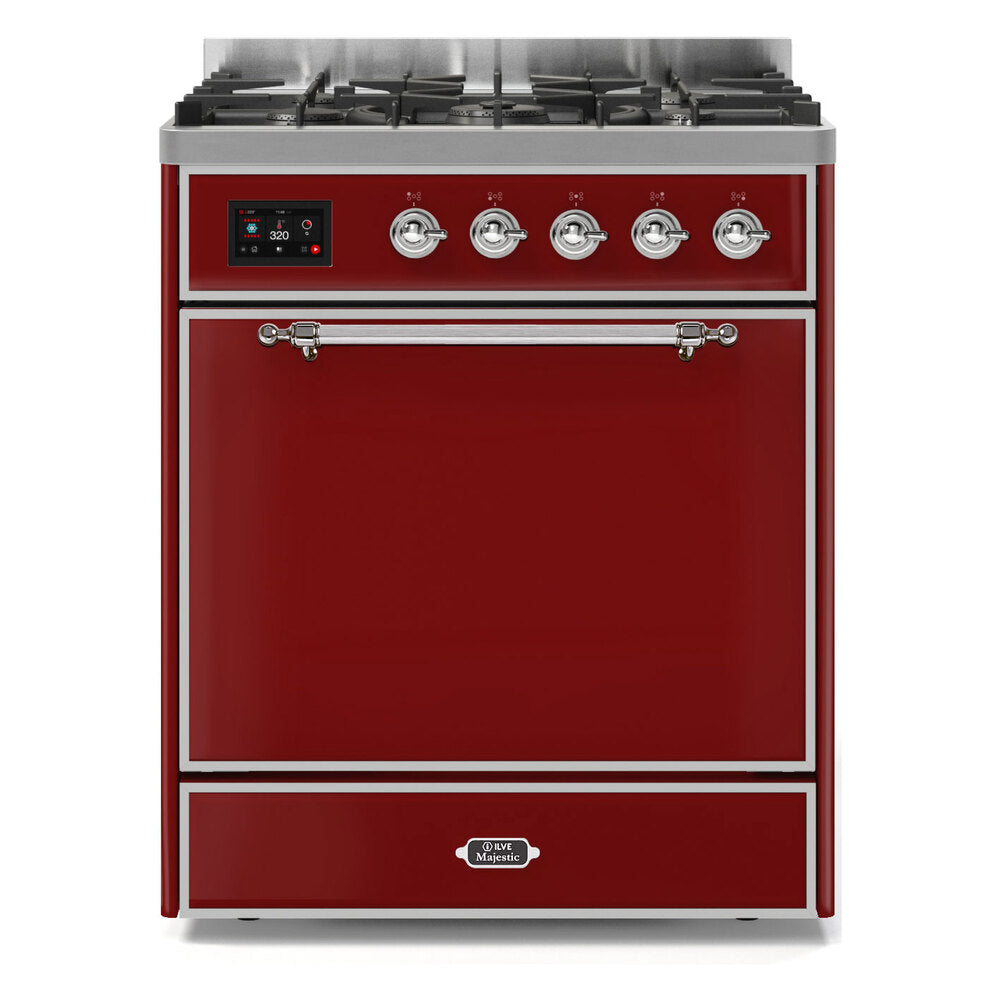 ILVE Majestic II 30" Dual Fuel Range 5 Sealed Burners, Solid Door, Burgundy, Chrome Knobs-Natural Gas