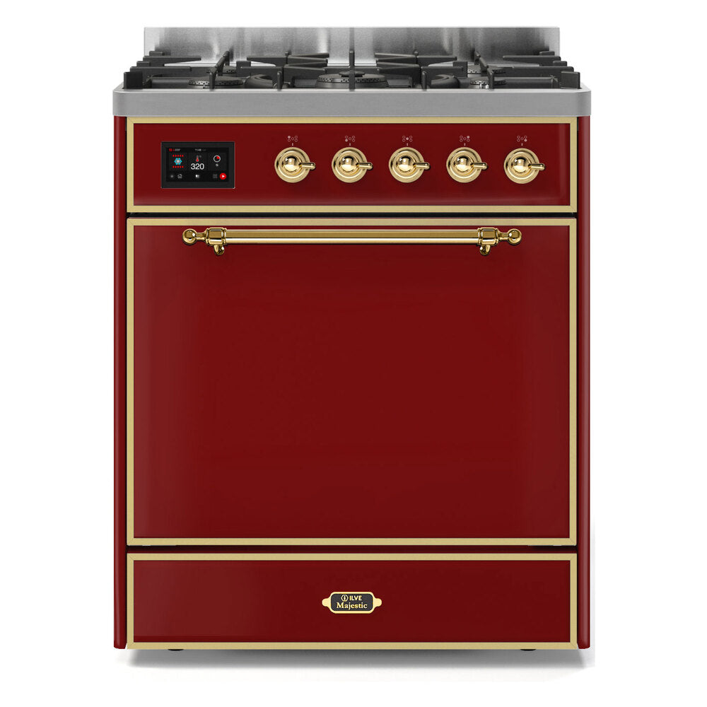 ILVE Majestic II 30” Dual Fuel Range 5 Sealed Burners, Solid Door, Burgundy, Brass Knobs-LP