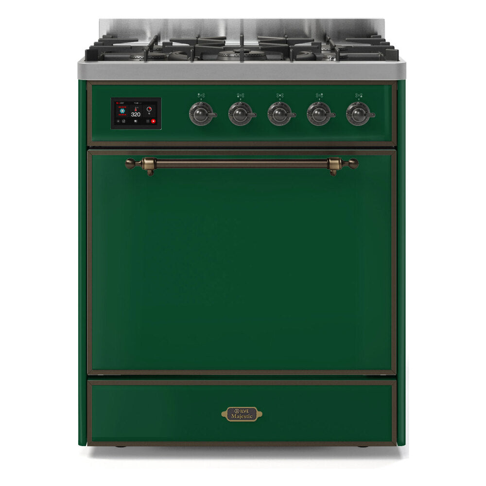 ILVE Majestic II 30" Dual Fuel Range 5 Sealed Burners, Solid Door, Emerald Green, Burnished Knobs-Natural Gas