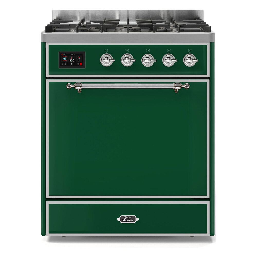 ILVE Majestic II 30” Dual Fuel Range 5 Sealed Burners, Solid Door, Emerald Green, Chrome Knobs-LP