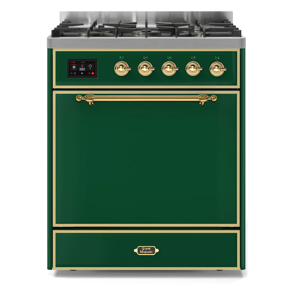 ILVE Majestic II 30" Dual Fuel Range 5 Sealed Burners, Solid Door, Emerald Green, Brass Knobs-Natural Gas