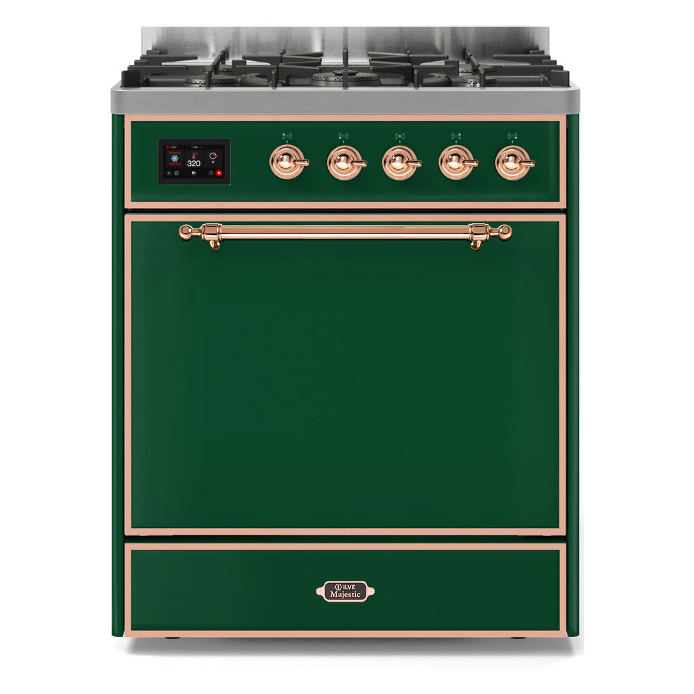 ILVE Majestic II 30" Dual Fuel Range 5 Sealed Burners, Solid Door, Emerald Green, Copper Knobs-Natural Gas