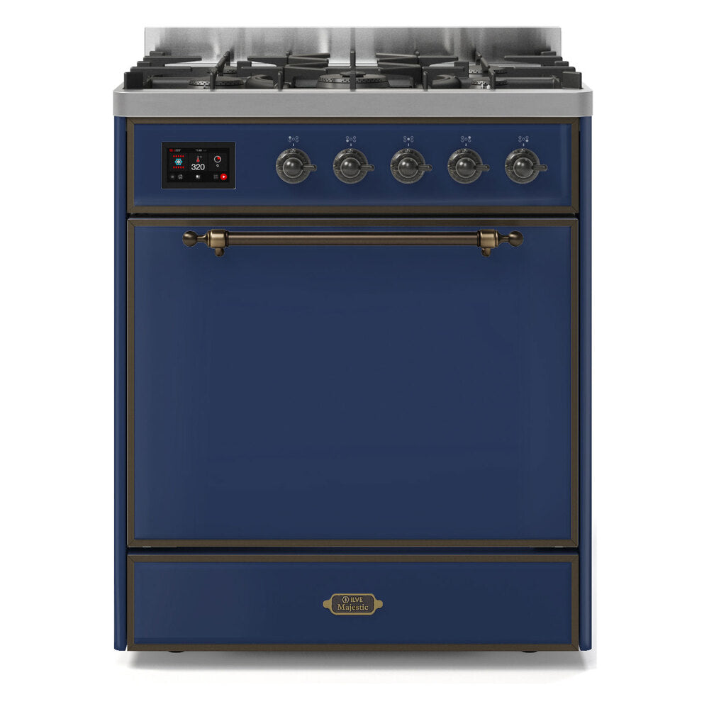 ILVE Majestic II 30" Dual Fuel Range 5 Sealed Burners, Solid Door, Midnight Blue, Burnished Knobs-Natural Gas