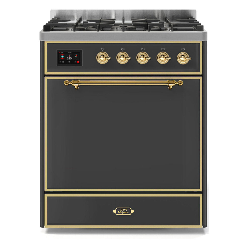 ILVE Majestic II 30" Dual Fuel Range 5 Sealed Burners, Solid Door, Graphite Matte, Brass Knobs-Natural Gas