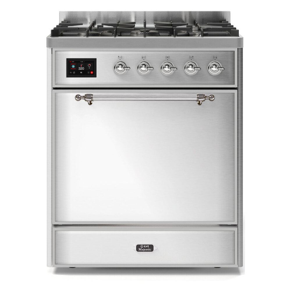 ILVE Majestic II 30" Dual Fuel Range 5 Sealed Burners, Solid Door, Stainless Steel, Chrome Knobs-Natural Gas
