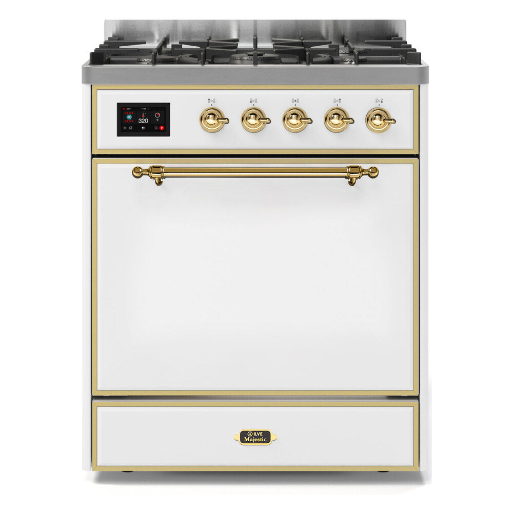 ILVE Majestic II 30" Dual Fuel Range 5 Sealed Burners, Solid Door, White, Brass Knobs-Natural Gas