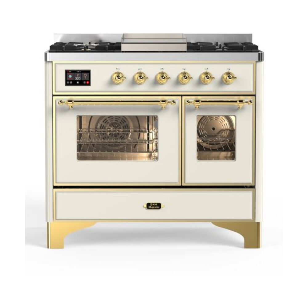 ILVE Majestic II 40" Dual Fuel Range 6 Sealed Burners, Triple Glass Door, Antique White, Brass Knobs-Natural Gas
