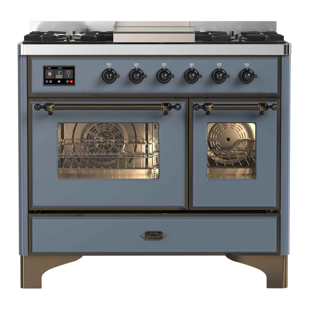ILVE Majestic II 40" Dual Fuel Range 6 Sealed Burners, Triple Glass Door, Blue Grey, Burnished Knobs-LP
