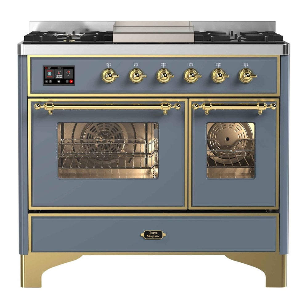 ILVE Majestic II 40" Dual Fuel Range 6 Sealed Burners, Triple Glass Door, Blue Grey, Brass Knobs-LP