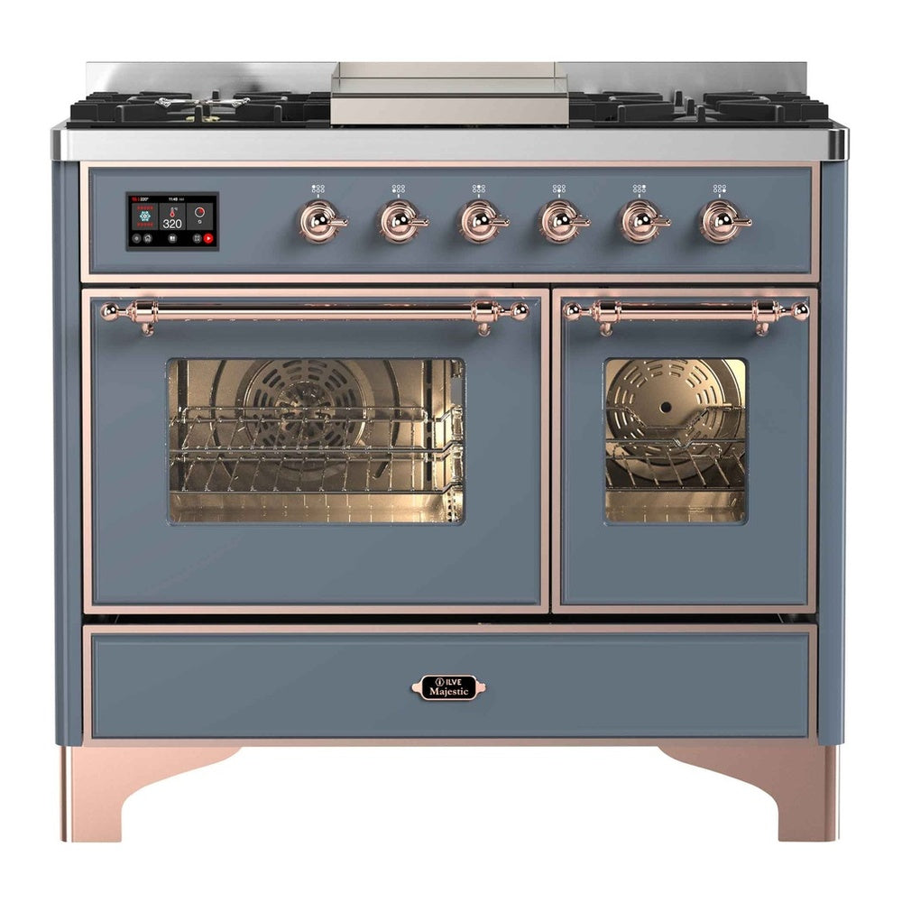 ILVE Majestic II 40" Dual Fuel Range 6 Sealed Burners, Triple Glass Door, Blue Grey, Copper Knobs-Natural Gas