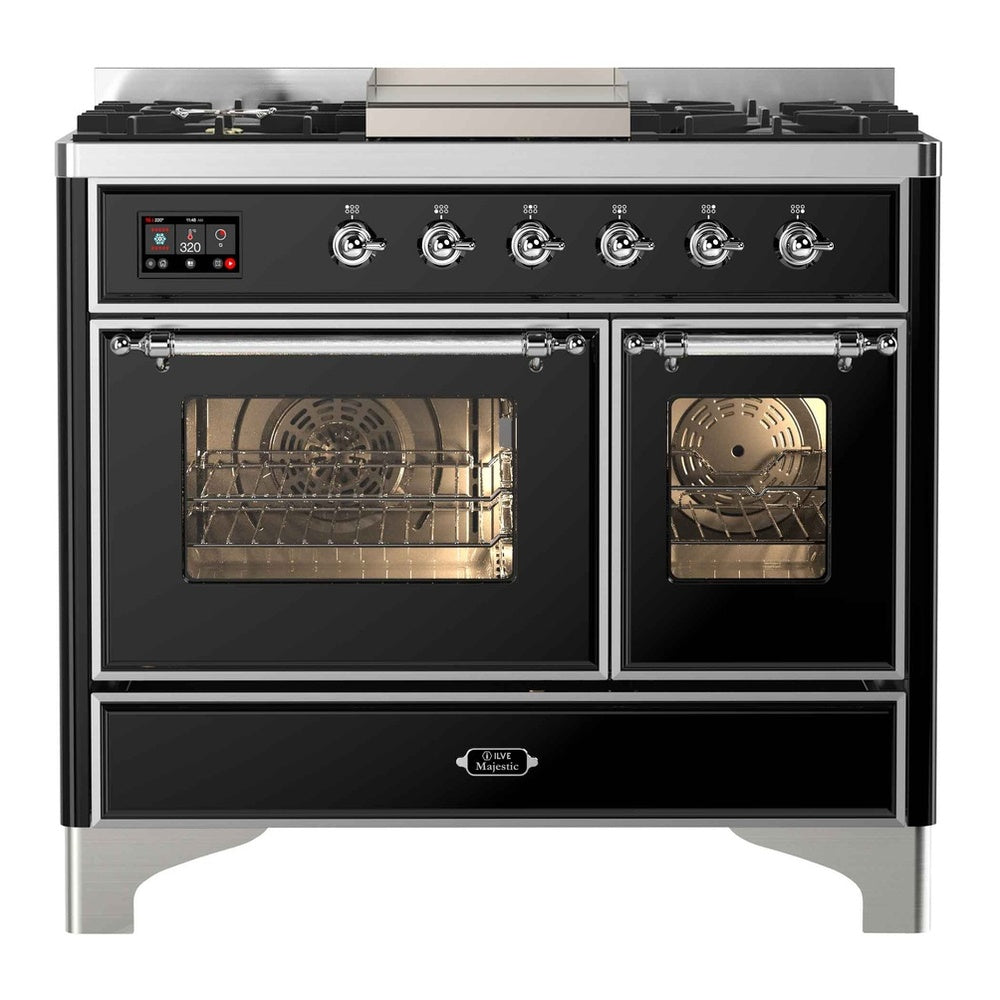 ILVE Majestic II 40" Dual Fuel Range 6 Sealed Burners, Triple Glass Door, Glossy Black, Chrome Knobs-Natural Gas