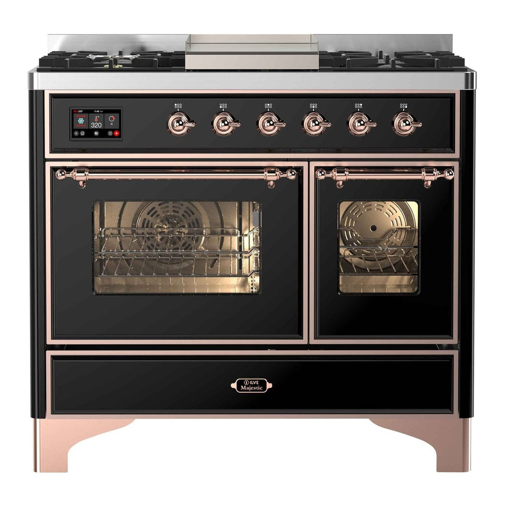 ILVE Majestic II 40" Dual Fuel Range 6 Sealed Burners, Triple Glass Door, Glossy Black, Copper Knobs-LP