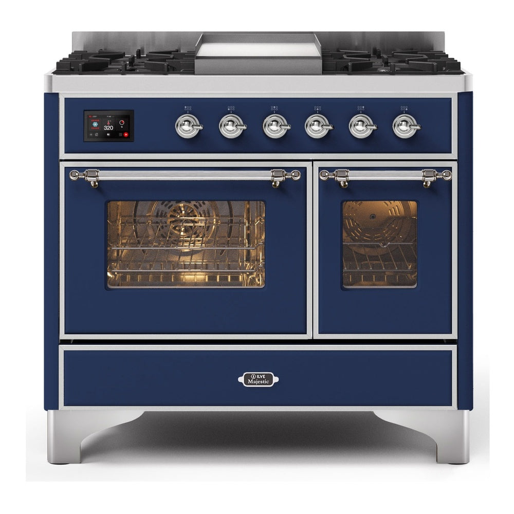 ILVE Majestic II 40" Dual Fuel Range 6 Sealed Burners, Triple Glass Door, Midnight Blue, Chrome Knobs-Natural Gas