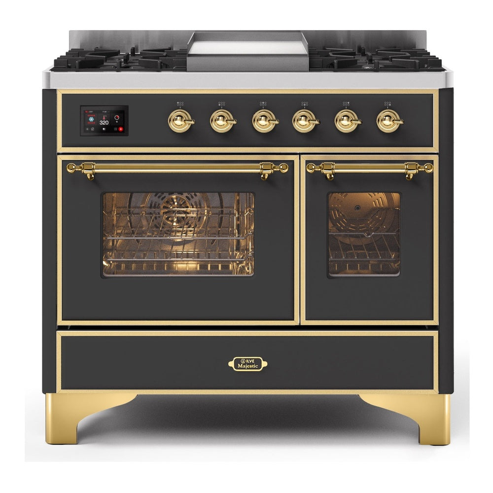 ILVE Majestic II 40" Dual Fuel Range 6 Sealed Burners, Triple Glass Door, Graphite Matte, Brass Knobs-Natural Gas