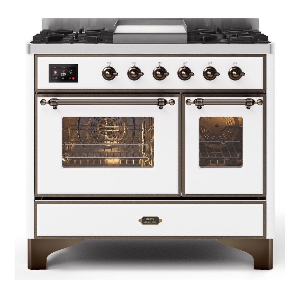 ILVE Majestic II 40" Dual Fuel Range 6 Sealed Burners, Triple Glass Door, White, Burnished Knobs-Natural Gas