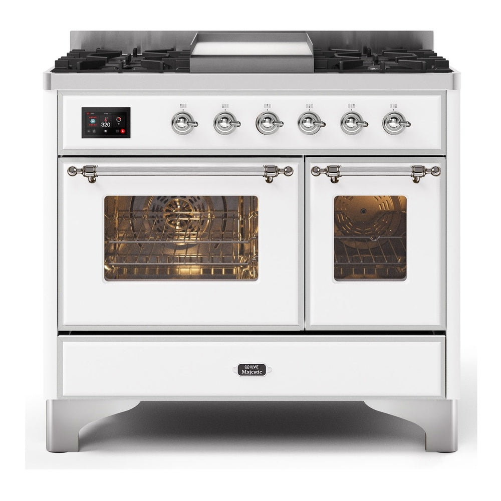 ILVE Majestic II 40" Dual Fuel Range 6 Sealed Burners, Triple Glass Door, White, Chrome Knobs-LP