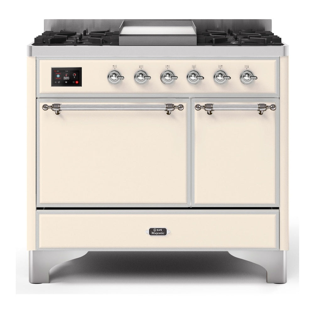 ILVE Majestic II 40" Dual Fuel Range 6 Sealed Burners, Solid Door, Antique White, Chrome Knobs-Natural Gas