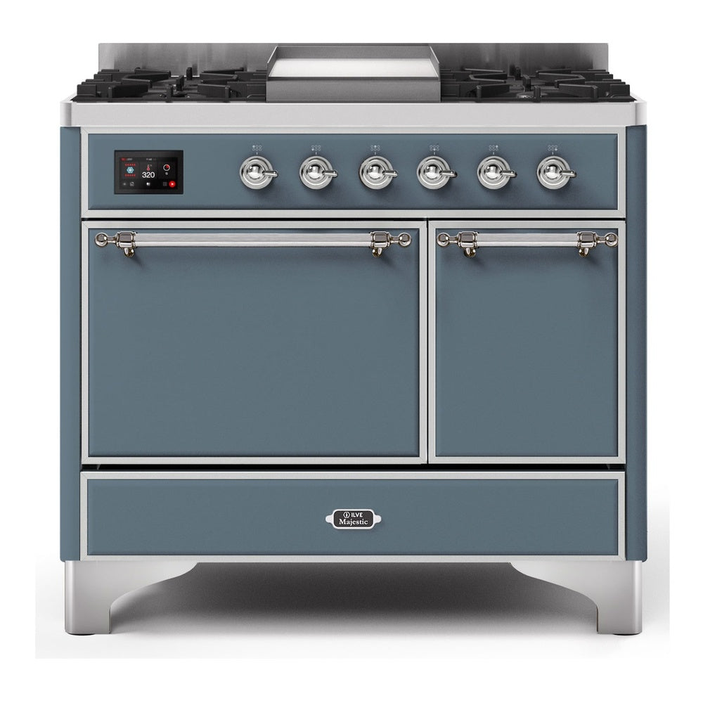 ILVE Majestic II 40" Dual Fuel Range 6 Sealed Burners, Solid Door, Blue Grey, Chrome Knobs-LP