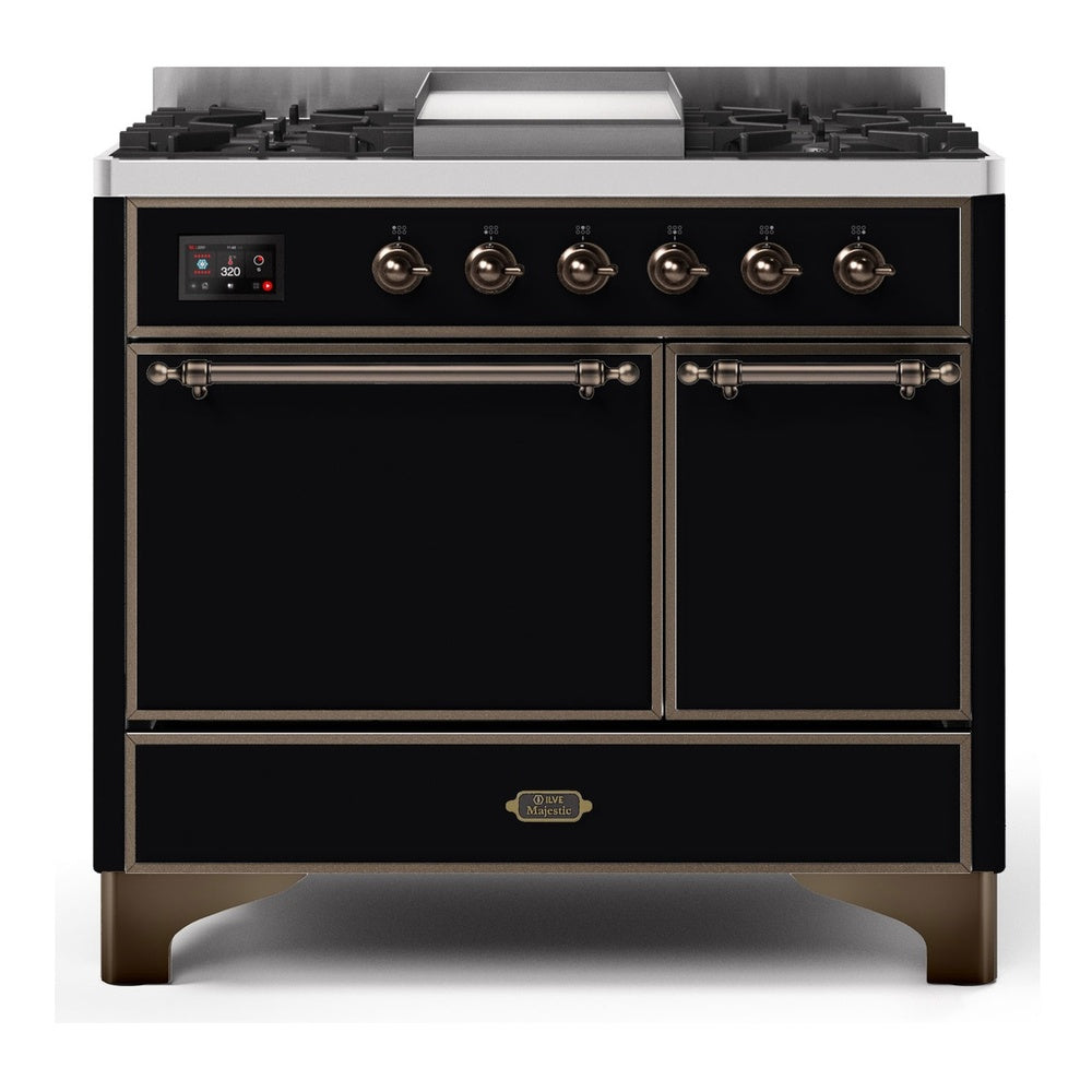 ILVE Majestic II 40" Dual Fuel Range 6 Sealed Burners, Solid Door, Glossy Black, Burnished Knobs-Natural Gas