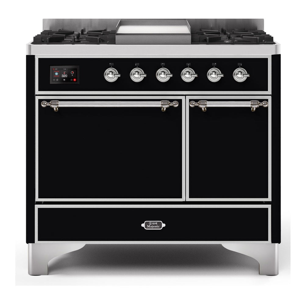 ILVE Majestic II 40" Dual Fuel Range 6 Sealed Burners, Solid Door, Glossy Black, Chrome Knobs-Natural Gas
