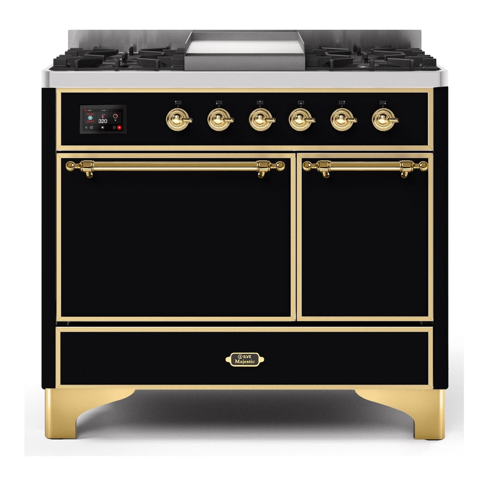 ILVE Majestic II 40" Dual Fuel Range 6 Sealed Burners, Solid Door, Glossy Black, Brass Knobs-Natural Gas