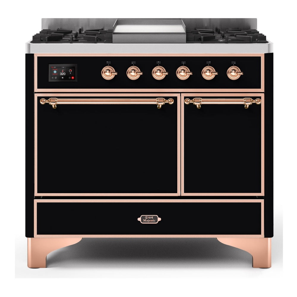 ILVE Majestic II 40" Dual Fuel Range 6 Sealed Burners, Solid Door, Glossy Black, Copper Knobs-LP