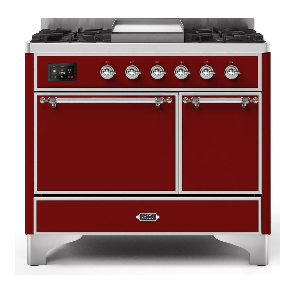 ILVE Majestic II 40" Dual Fuel Range 6 Sealed Burners, Solid Door, Burgundy, Chrome Knobs-LP