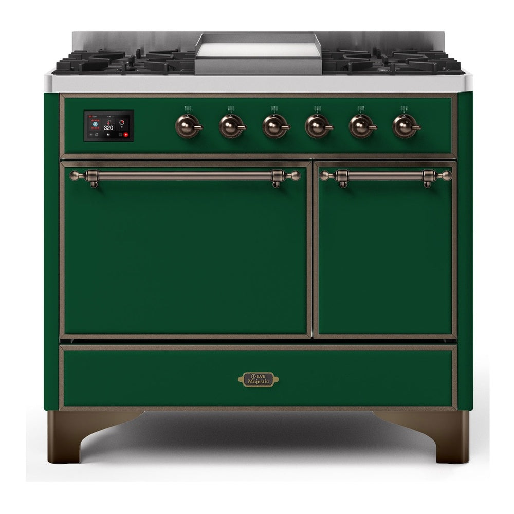 ILVE Majestic II 40" Dual Fuel Range 6 Sealed Burners, Solid Door, Emerald Green, Burnished Knobs-Natural Gas