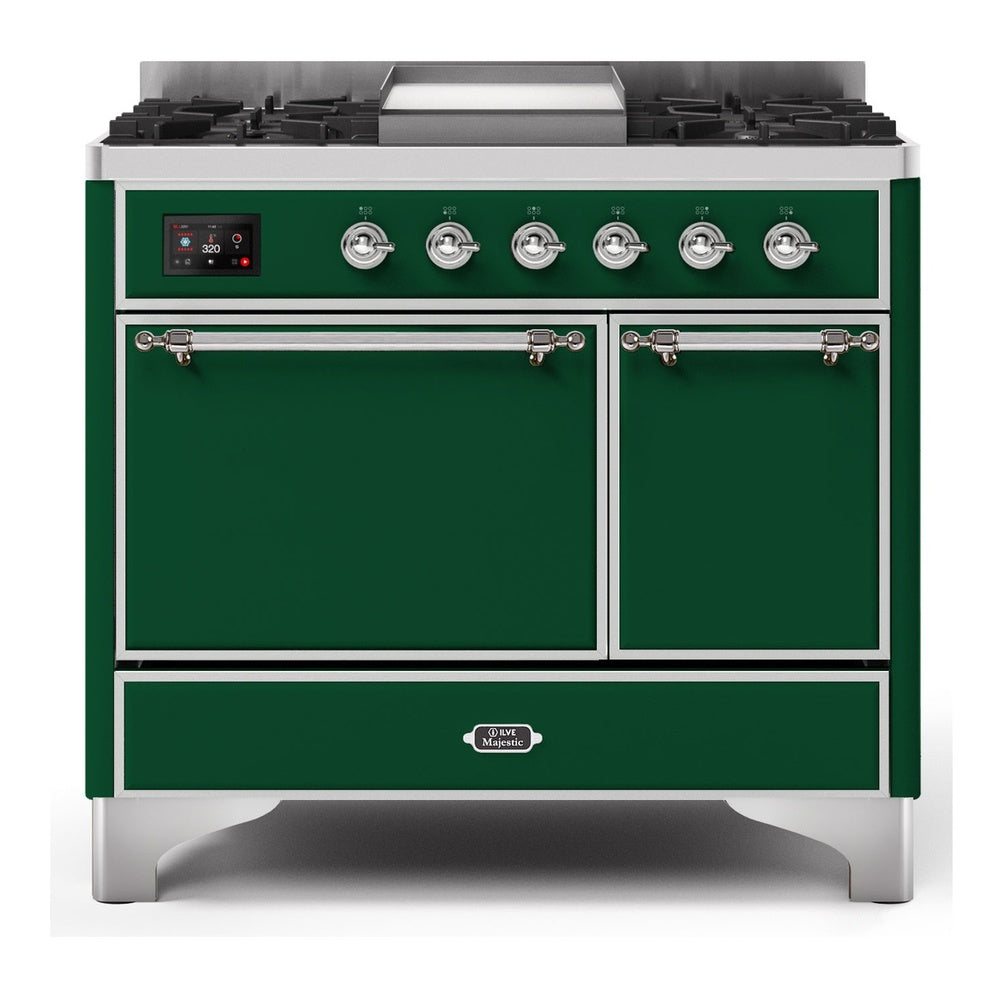 ILVE Majestic II 40" Dual Fuel Range 6 Sealed Burners, Solid Door, Emerald Green, Chrome Knobs-LP