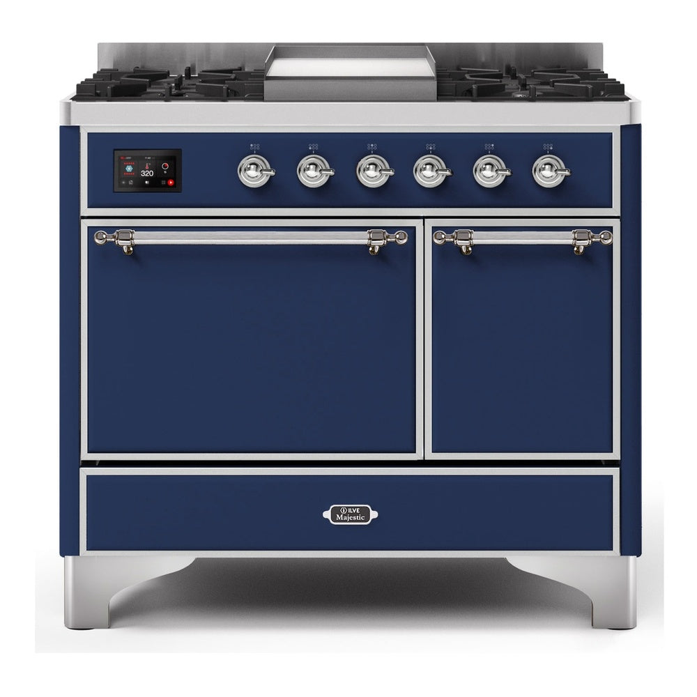ILVE Majestic II 40" Dual Fuel Range 6 Sealed Burners, Solid Door, Midnight Blue, Chrome Knobs-LP