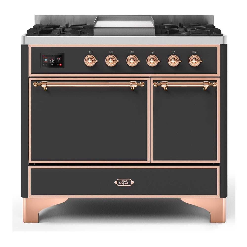ILVE Majestic II 40" Dual Fuel Range 6 Sealed Burners, Solid Door, Graphite Matte, Copper Knobs-Natural Gas