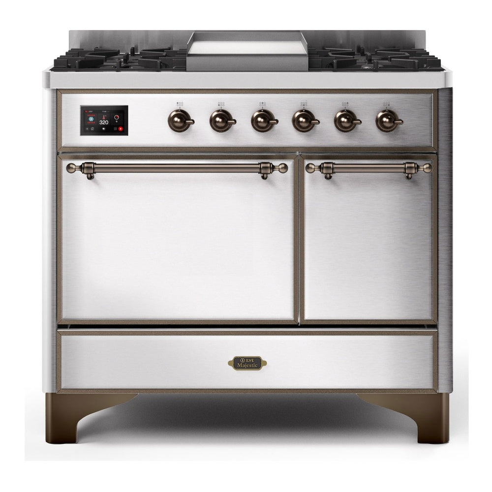 ILVE Majestic II 40" Dual Fuel Range 6 Sealed Burners, Solid Door, Stainless Steel, Burnished Knobs-LP