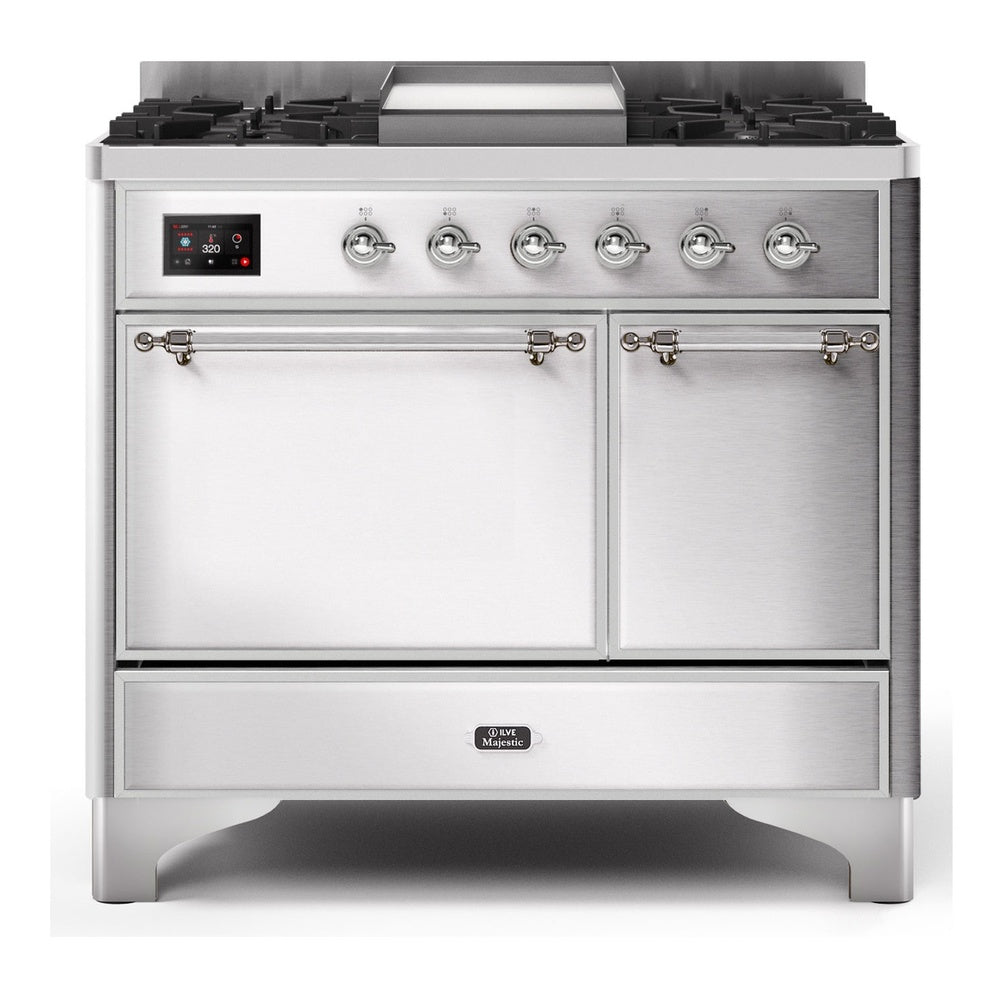 ILVE Majestic II 40" Dual Fuel Range 6 Sealed Burners, Solid Door, Stainless Steel, Chrome Knobs-Natural Gas