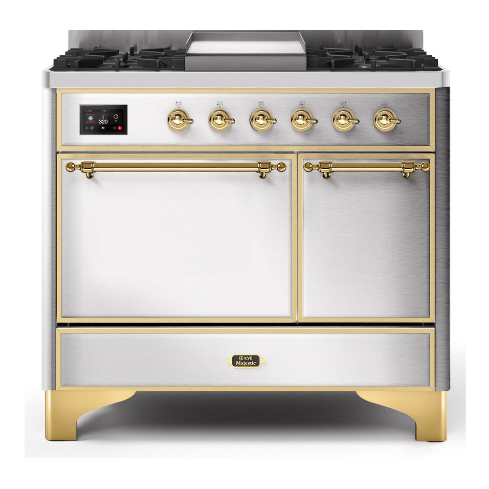 ILVE Majestic II 40" Dual Fuel Range 6 Sealed Burners, Solid Door, Stainless Steel, Brass Knobs-LP