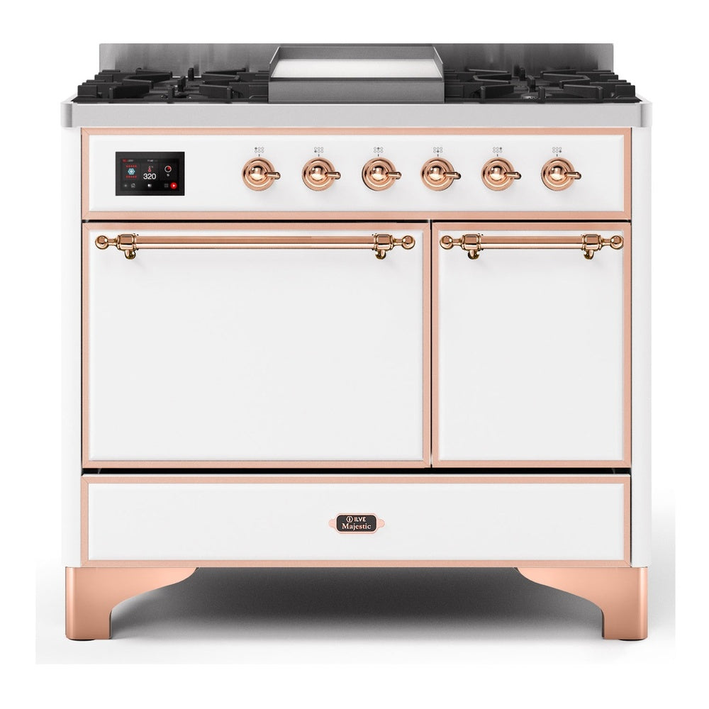 ILVE Majestic II 40" Dual Fuel Range 6 Sealed Burners, Solid Door, White, Copper Knobs-Natural Gas