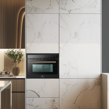 black microwave drawer in modern european kiten marble wall.