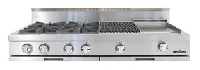 Capital stainless steel gas range top with four burners, grill, and griddle