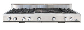 Capital Stainless steel gas range top with six burners and a wide grill.