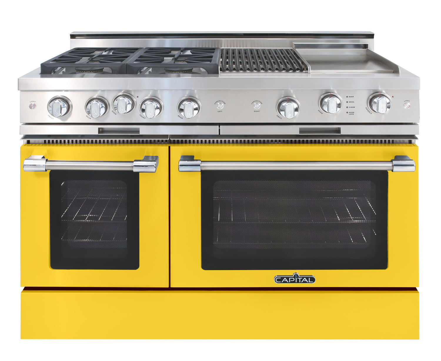yellow  range gas cooktop four burners grill, griddle, double oven