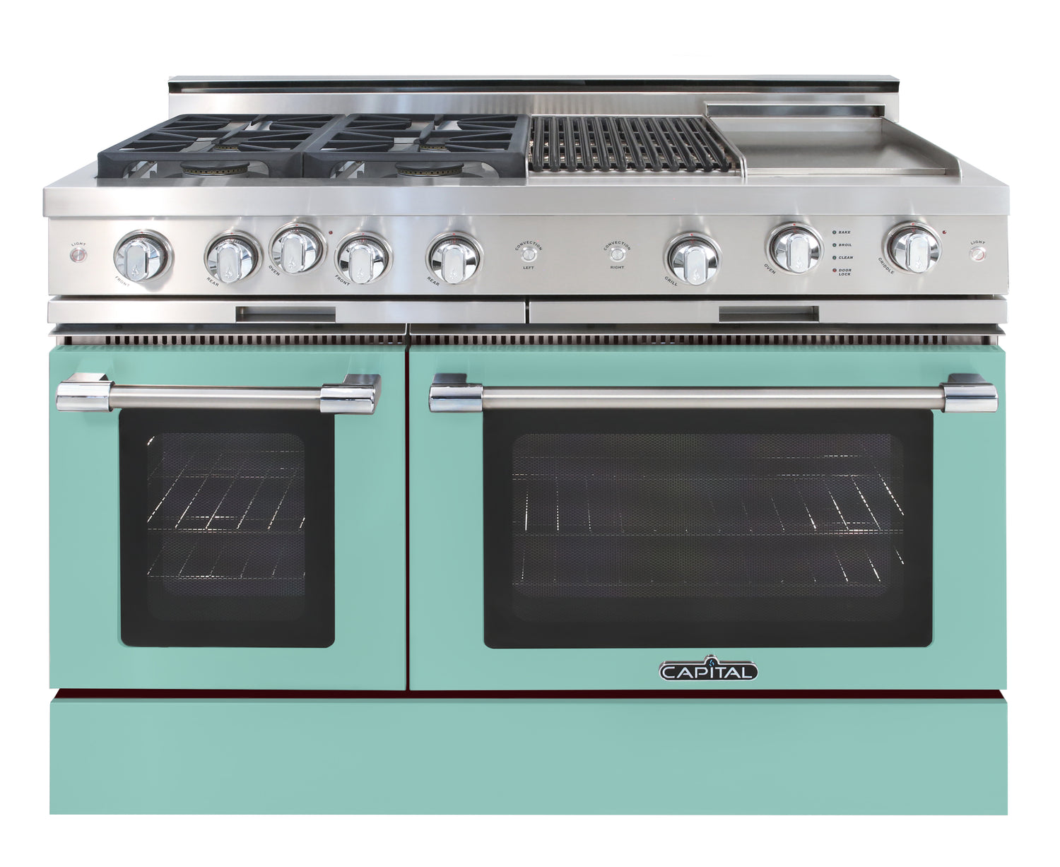 light green  range gas cooktop four burners grill, griddle, double oven