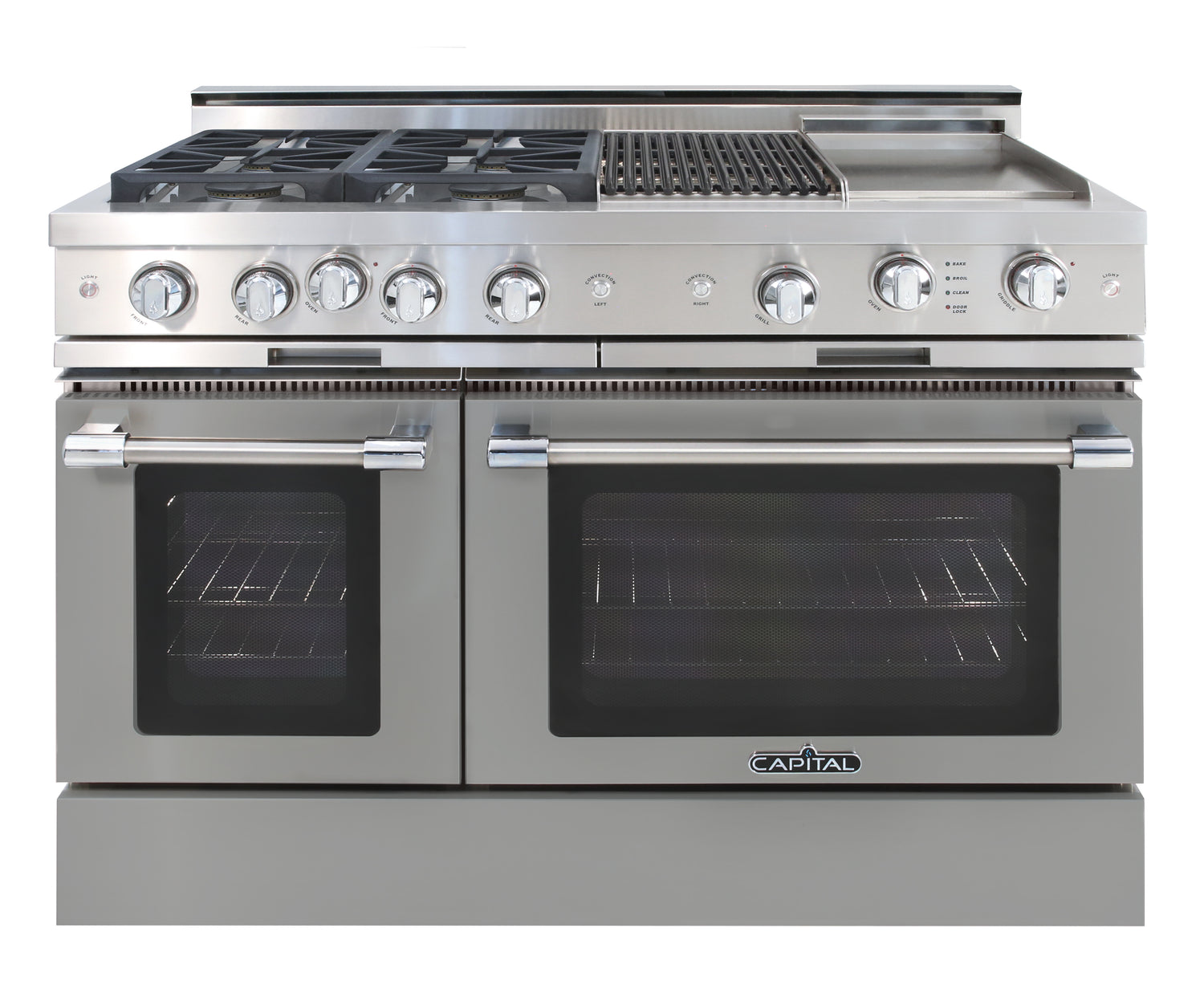 gray  range gas cooktop four burners grill, griddle, double oven